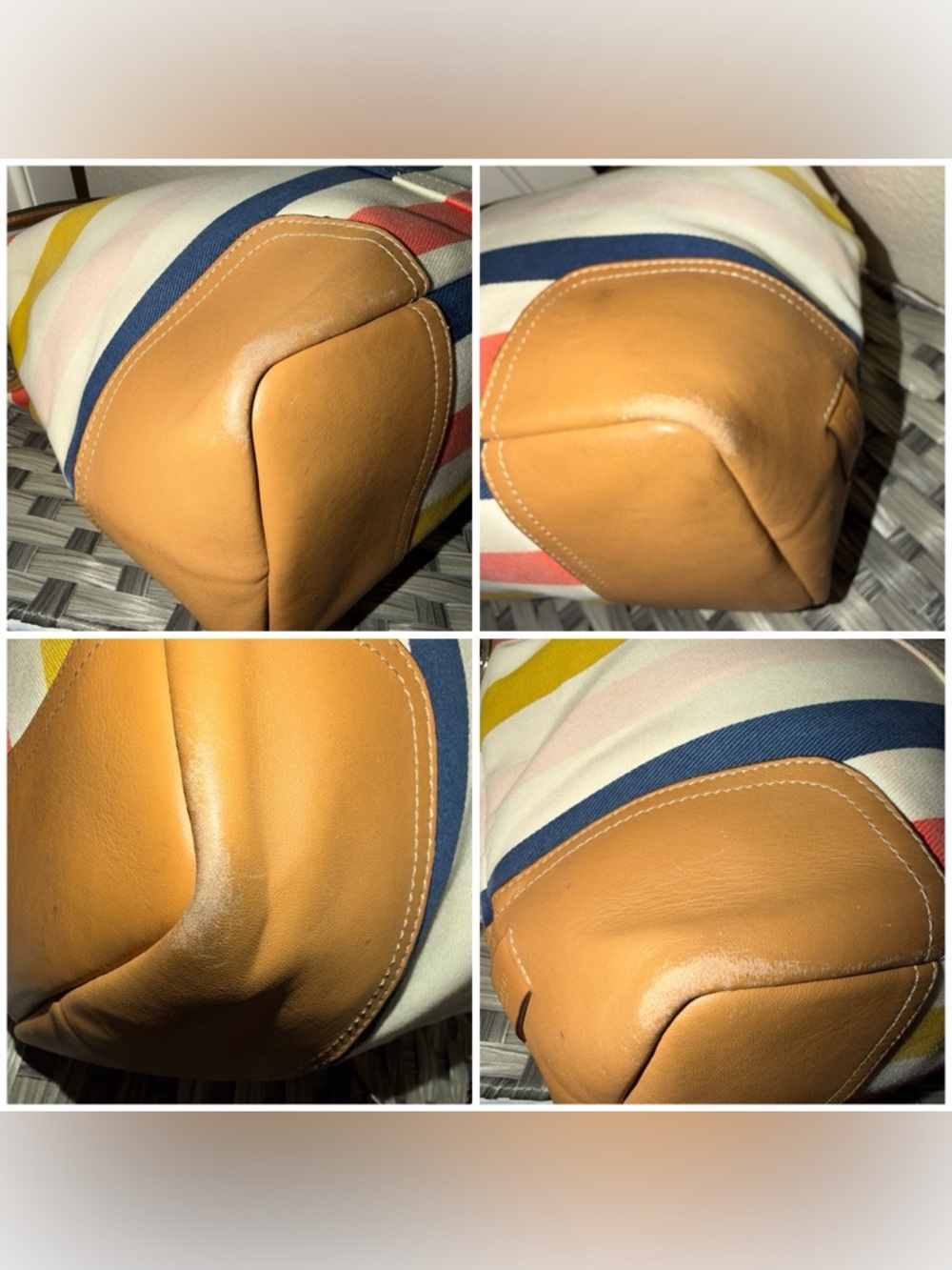 Coach Striped Canvas Tote in Coral, Mustard, Navy & Pink with Tan Leather F30041 - Picture 12 of 16